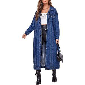 Women's Denim Jacket Long Midi Casual Button Down Trench Coat Blue Medium